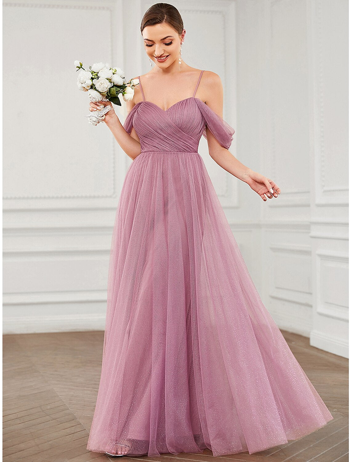 Wholesale  A-Line Prom Dresses Elegant Dress Wedding Guest Prom Floor Length Sleeveless V Neck Bridesmaid Dress Tulle with Pleats